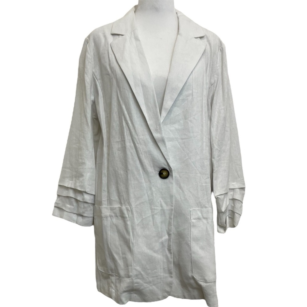 Halston White Linen Blend One Button Lightweight Boyfriend Blazer